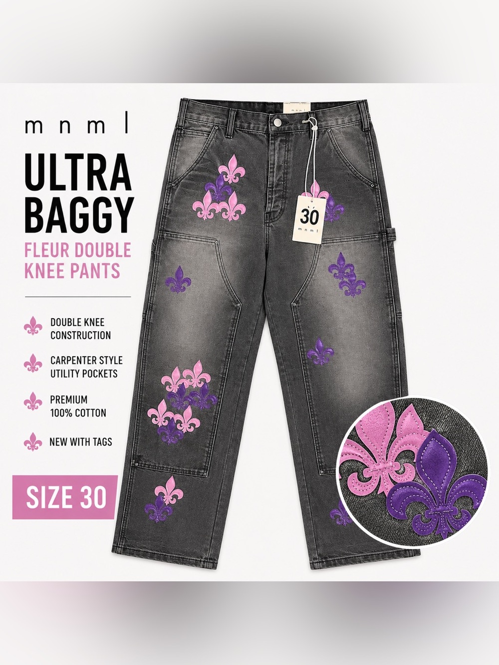 MNML Ultra Baggy Fleur Double Knee Carpenter Jeans Gray Pink Purple NWT 30